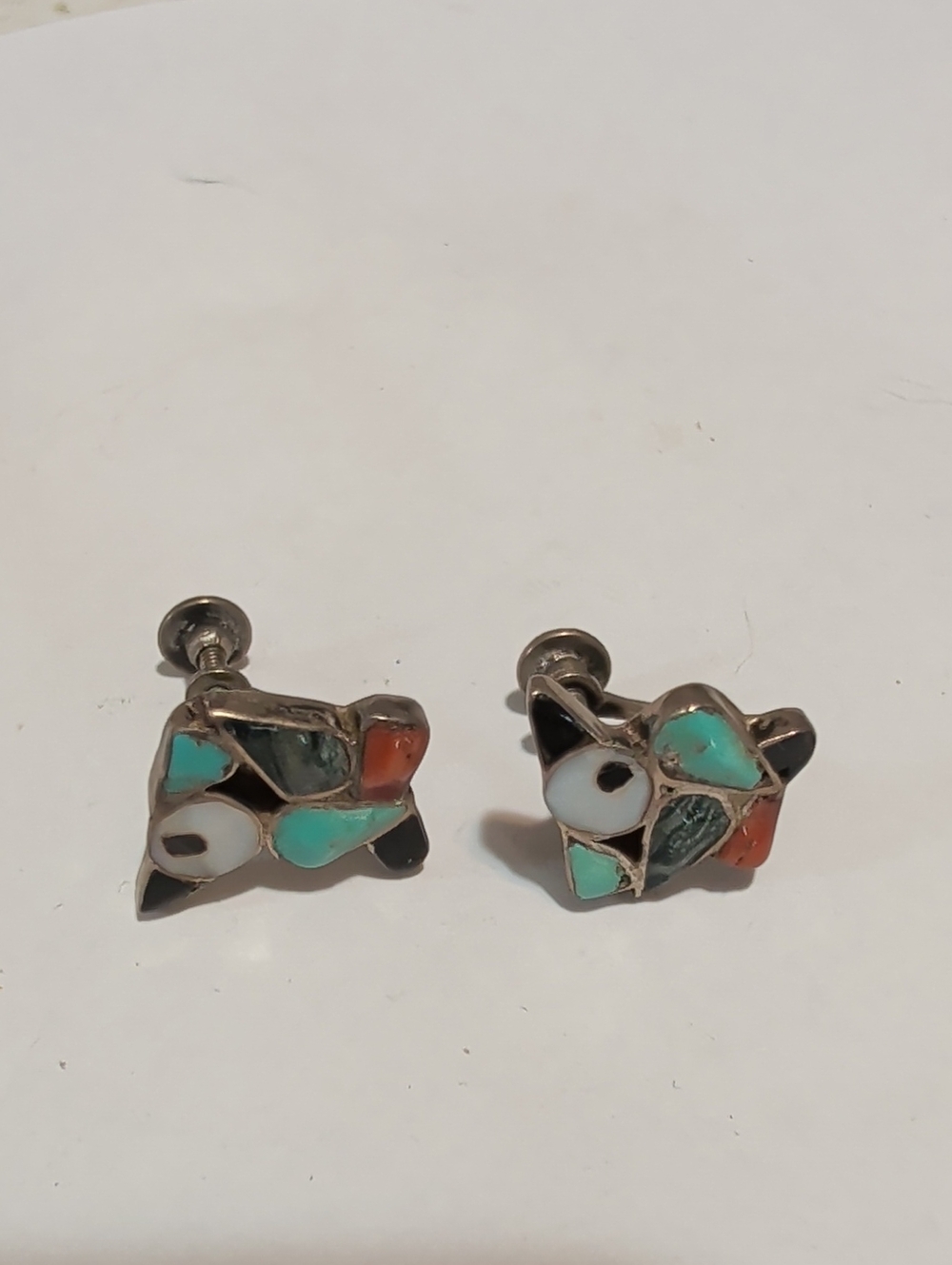 Sterling Inlay Starfish Screw-Back Earrings in Turquoise, Coral & Black